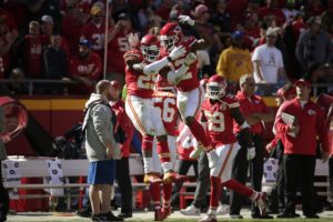 Oct. 25, 2015; Kansas City, MO; Chiefs safety Eric Berry (29) celebrates with cornerback Marcus Peters (22) after an interception against the Pittsburgh Steelers at Arrowhead Stadium. (AP Photo/Charlie Riedel)