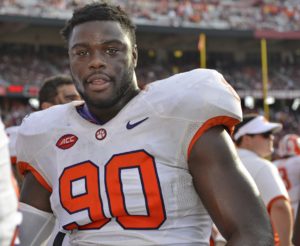 Nov. 28, 2015, file photo, Clemson's Shaq Lawson looks on from the sideline during the second half of an NCAA college football game against South Carolina in Columbia, S.C. (AP Photo/Richard Shiro, File)