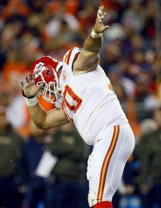 Nov. 15, 2015; Denver; Kansas City Chiefs defensive end Mike DeVito (70) celebrates after recording a sack against the Broncos at Sports Authority Field at Mile High. (AP Photo/Joe Mahoney)