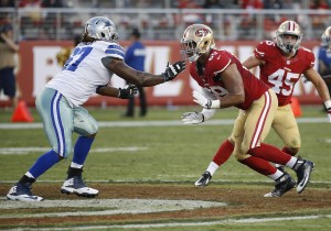 Aug. 23, 2015; Santa Clara, CA; Then-Cowboys offensive tackle Laurence Gibson (67) against the Francisco 49ers during a preseason game at Levi's Stadium. (AP Photo/Tony Avelar)
