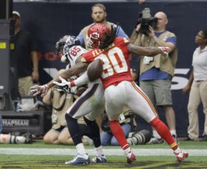 Sept. 13, 2015; Houston; Kansas City Chiefs cornerback Jamell Fleming (30) breaks up a pass intended for Texans wide receiver Nate Washington at NRG Stadium. (AP Photo/David J. Phillip)