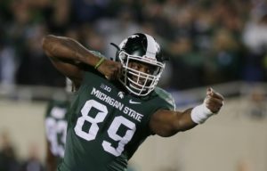 Oct. 24, 2015; East Lansing, MI; Michigan State's Shilique Calhoun (89) reacts after a sack against Indiana at Spartan Stadium. (AP Photo/Carlos Osorio)
