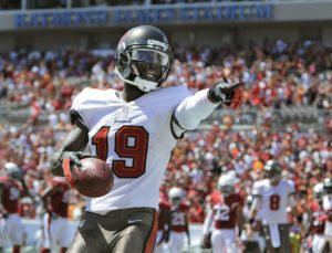 Sept. 29, 2013; Tampa; Then-Buccaneers wide receiver Mike Williams (19) celebrates after scoring a touchdown against the Arizona Cardinals at Raymond James Stadium. (AP Photo/Brian Blanco, File)