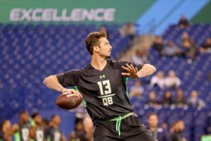 Feb. 27, 2016; Indianapolis; Memphis quarterback Paxton Lynch during drills at the NFL Scouting Combine. (AP Photo/Gregory Payan)