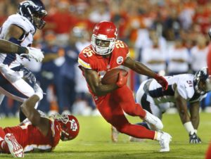 Sept. 17, 2015; Kansas City, MO; Chiefs running back Jamaal Charles (25) turns up the field against the Denver Broncos at Arrowhead Stadium. (Chris Neal/The Topeka Capital-Journal)
