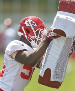May 7, 2016; Kansas City, MO; Chiefs linebacker Dadi Nicolas perform a drill during rookie minicamp at the team's training facility. (Chris Neal/The Topeka Capital-Journal)