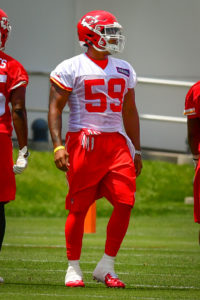 June 14, 2016; Kansas City, MO; Chiefs linebacker Justin March (59) during warmups on Day One of mandatory minicamp at the team's training facility. (Rex Wolf/The Topeka Capital-Journal)