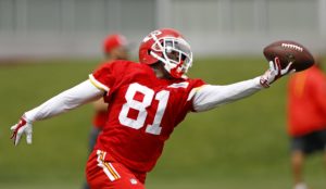 May 31, 2016; Kansas City, MO; Chiefs wide receiver Tyreek Hill catches the ball during organized team activities at the team's training facility. (AP Photo/Charlie Riedel)