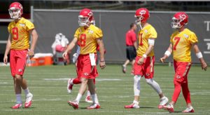 June 10, 2016; Kansas City, MO; From left to right, Chiefs quarterbacks Tyler Bray (9), Kevin Hogan (8), Alex Smith (11) and Aaron Murray (7) on the final day of OTAs at the team's training facility. (Jake Gatchell/The Topeka Capital-Journal) 