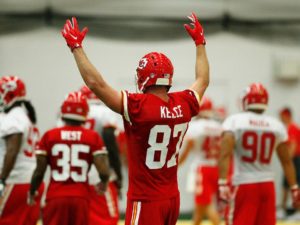 July 31, 2016; St. Joseph, MO; Chiefs tight end Travis Kelce celebrated a touchdown by the offense during practice indoors on the second day of training camp. (Credit: Photo used with permission by Chiefs PR, KCChiefs.com)