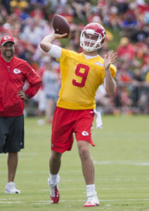 Kansas City Chiefs quarterback Tyler Bray drops back to pass during drills at training camp Saturday in St. Joseph, Mo. (Emily DeShazer/The Topeka Capital-Journal)