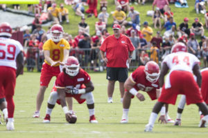 Kansas City Chiefs head coach Andy Reid watches a drill during the first day of training camp Saturday, July 30 in St. Joseph, Mo. (Emily DeShazer/The Topeka Capital-Journal)