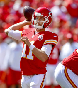 Kansas City Chiefs quarterback Alex Smith delivers a pass during the team's overtime win over the Chargers, 33-27, at Arrowhead Stadium, Sept. 11, 2016. (Chris Neal/The Topeka Capital-Journal)