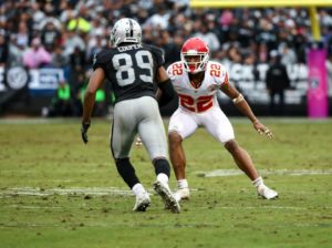 Kansas City Chiefs cornerback Marcus Peters lines up against Oakland Raiders wide receiver Amari Cooper during the teams' meeting  at Oakland Coliseum on Oct. 16, 2016. (Photo courtesy Chiefs PR, Chiefs.com)