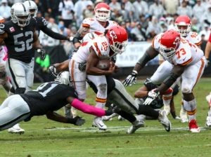 Kansas City Chiefs running back Jamaal Charles breaks a run against the Oakland Raiders Oct. 16, 2016 at the Oakland Coliseum. (Photo courtesy Chiefs PR, Chiefs.com).