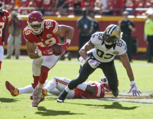 Kansas City Chiefs safety Daniel Sorensen (49) returns an interception for a touchdown against the New Orleans Saints. Sunday October 23, 2016 in Kansas City, MO (Nick Tre. Smith/Special to the Topeka Capital- Journal)