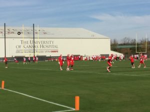 The Kansas City Chiefs offensive line takes part in Friday drills in their final workouts ahead of their game against the Indianapolis Colts at the team's training complex Oct. 28, 2016. (Photo by Matt Derrick, ChiefsDigest.com).