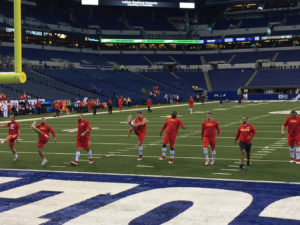 The Kansas City Chiefs warmup on the field before their game against the Indianapolis Colts at Lucas Oil Stadium on Oct. 30, 2016. (Photo by Matt Derrick, ChiefsDigest.com)