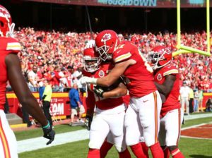 Kansas City Chiefs wide receiver Albert Wilson (12) celebrates a touchdown reception with tight end Travis Kelce during the team's 19-14 win over the Jacksonville Jaguars Nov. 6, 2016 at Arrowhead Stadium. (Photo courtesy Chiefs PR, Chiefs.com