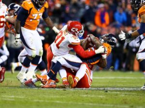 Kansas City Chiefs linebacker Tamba Hali makes a tackle during the team's 30-27 overtime win over the Denver Broncos at Sports Authority Field at Mile High on Nov. 27, 2016. (Photo courtesy Chiefs PR, Chiefs.com)