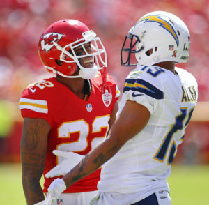 Kansas City Chiefs cornerback Marcus Peters appeared all smiles taking on San Diego Chargers wide receiver Keenan Allen during the season opener between the two teams at Arrowhead Stadium, Sept. 11, 2016. (Photo by Chris Neal, The Topeka Capital-Journal)
