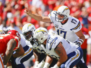 San Diego Chargers quarterback Philip Rivers lines up his offense against the Kansas City Chiefs during the Chiefs 33-27 overtime win Sept. 11, 2016. (Photo by Chris Neal/The Topeka-Capital Journal)