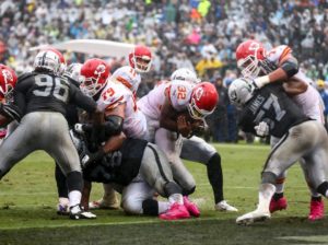 Kansas City Chiefs running Spencer Ware dives into the end zone during the team's 26-10 win at the Oakland Raiders on Oct. 16, 2016. (Photo courtesy Chiefs PR, Chiefs.com)