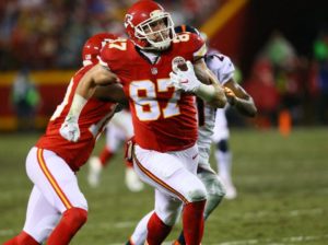 Kansas City Chiefs tight end Travis Kelce races down field on a 80-yard touchdown reception during the first half against the Denver Broncos at Arrowhead Stadium on Dec. 25, 2016. (Photo courtesy Chiefs PR, Chiefs.com)