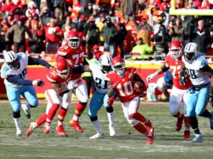 Kansas City Chiefs wide receiver Tyreek Hill races for a 68-yard touchdown run during the first half of the team's game against the Tennessee Titans Dec. 18, 2016 at Arrowhead Stadium. (Photo courtesy Chiefs PR, Chiefs.com)