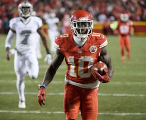 Kansas City Chiefs rookie Tyreek Hill celebrates his 78-yard punt return for a touchdown during the team's win over the Oakland Raiders at Arrowhead Stadium Dec. 8, 2016. 
