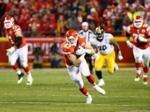 Kansas City Chiefs tight end Travis Kelce races for extra yardage against the Pittsburgh Steelers in the AFC divisional playoff game at Arrowhead Stadium Jan. 15, 2017. (Photo courtesy Chiefs PR, Chiefs.com)