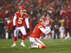 Kansas City Chiefs kicker Cairo Santos prepares to kick from the hold by Dustin Colquitt against the Pittsburgh Steelers during the AFC divisional playoff game at Arrowhead Stadium Jan. 15, 2017. (Photo courtesy Chiefs PR, Chiefs.com)