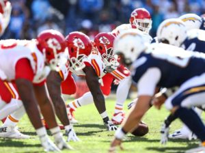 The Kansas City Chiefs and San Diego Chargers line up during the first half of their game at Qualcomm Stadium, Jan. 1, 2017. (Photo courtesy Chiefs PR, Chiefs.com)