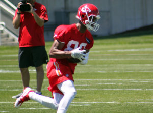 Kansas City Chiefs wide receiver Jehu Chesson catches a pass during drills on opening day of the team's rookie minicamp on May 6, 2017. (Photo by Matt Derrick, ChiefsDigest.com)