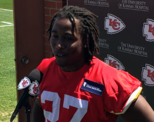 Chiefs running back Kareem Hunt answers questions from reporters during the team's rookie minicamp on May 6, 2017. (Photo by Matt Derrick, ChiefsDigest.com)