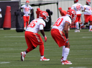 Kansas City defensive backs Damariay Drew (left) and Jordan Sterns line up during drills at the Chiefs' training facility on the sixth day of offseason workouts June 1, 2017. (Photo by Matt Derrick, ChiefsDigest.com)