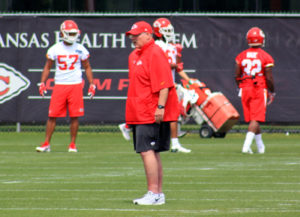 Kansas City Chiefs coach Andy Reid scans the practice field during the opening of practice during the team's offseason work at the Chiefs training facility June 1, 2017. (Photo by Matt Derrick, ChiefsDigest.com)